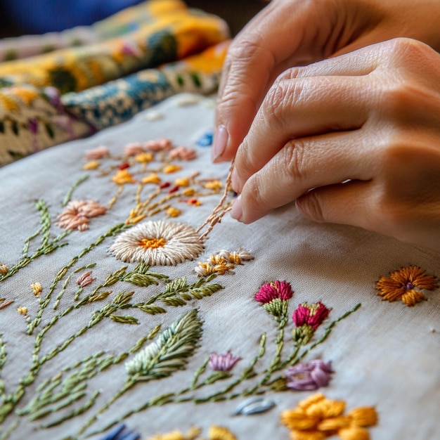 Mâini brodând un model tradițional